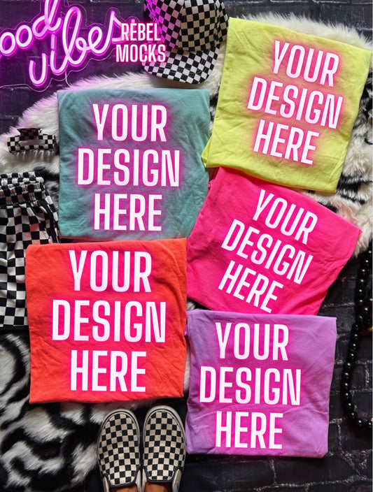 Neons Collage Tee Mock Up Trendy Edgy Vibes Flat Lay